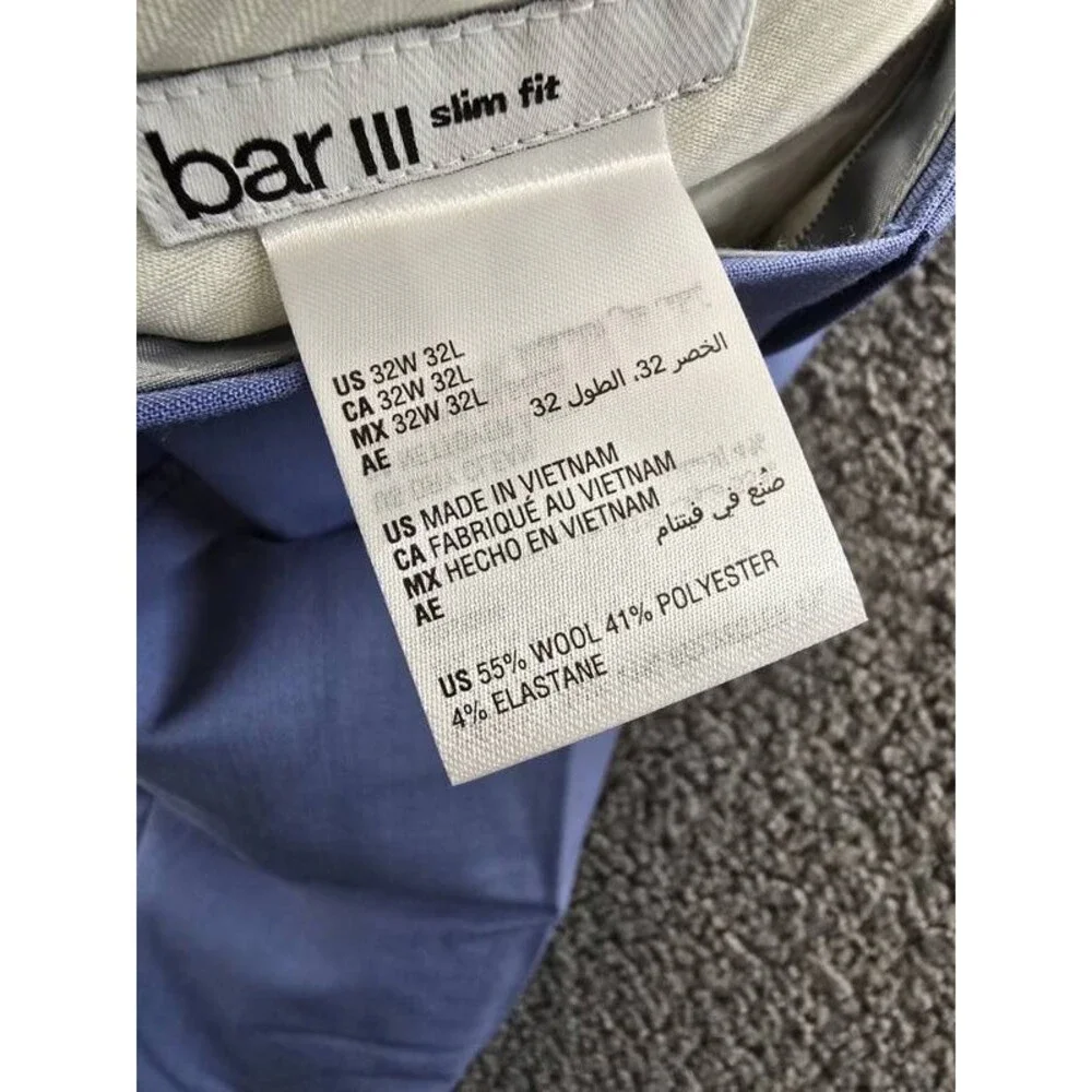 Bar III Slim-Fit Wool Blend Suit Pants Men's 32W x 32L Light Blue Zip Hook & Bar
